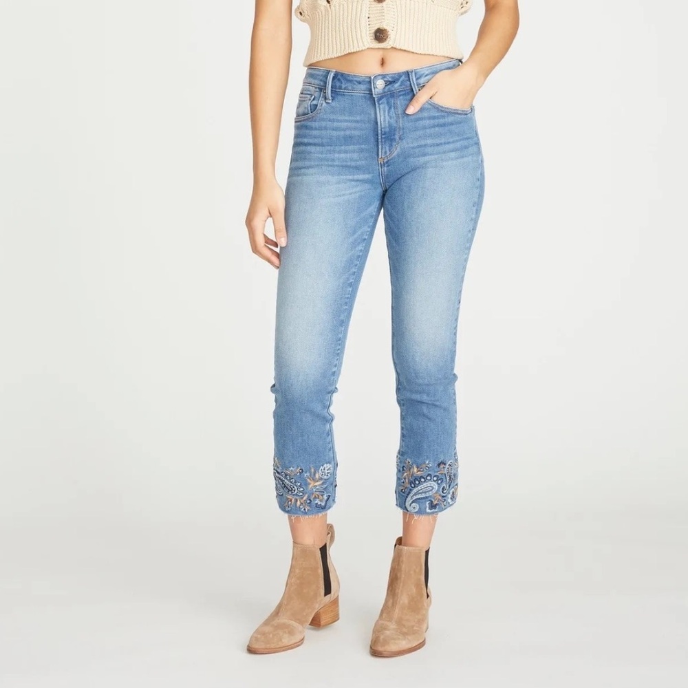 Driftwood Colette Embroidered Straight Cropped Denim Jeans Paisley Bleu 28